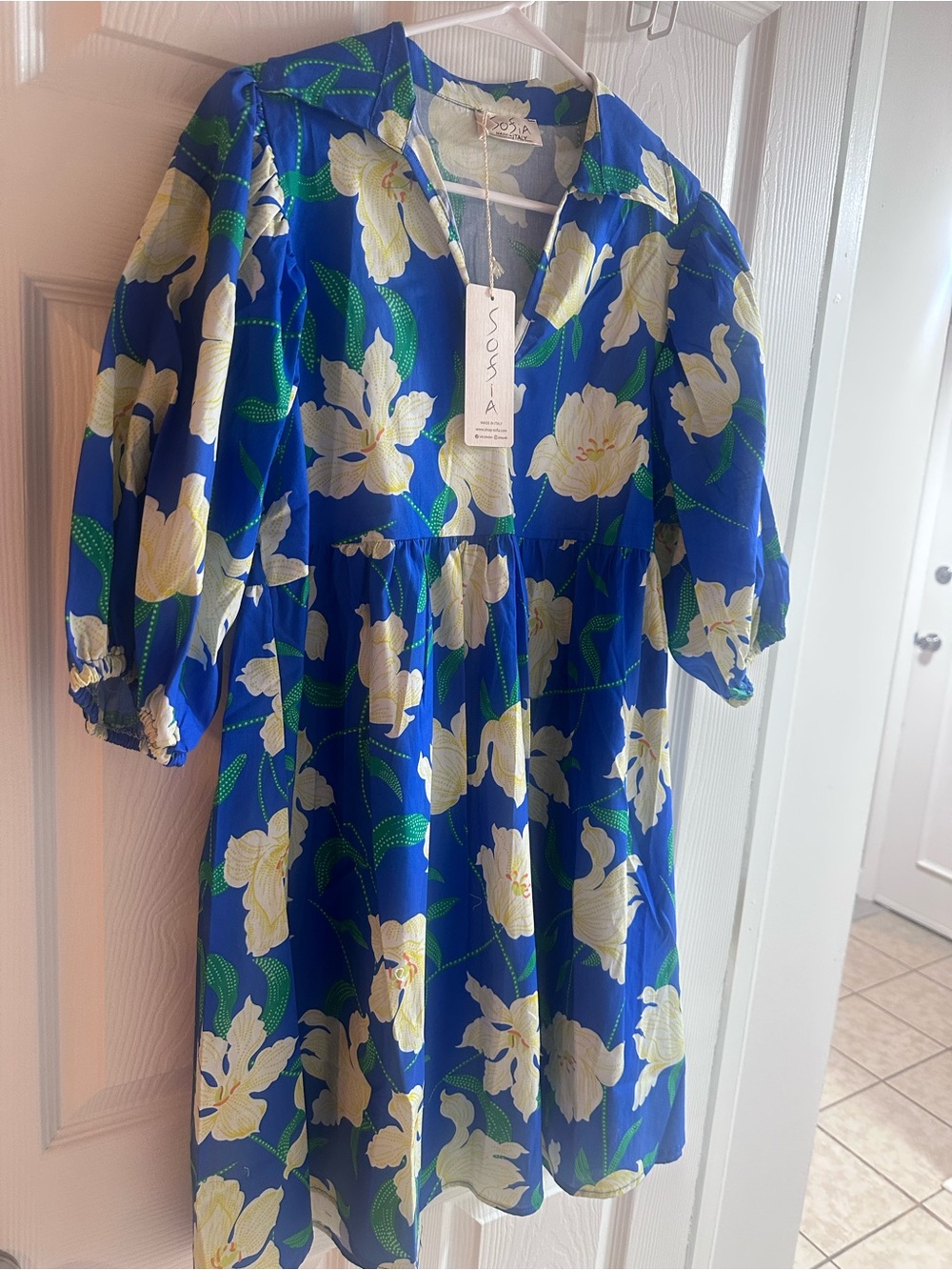 Sofia Madein Italy Blue Floral Mini Dress with Puff Sleeves